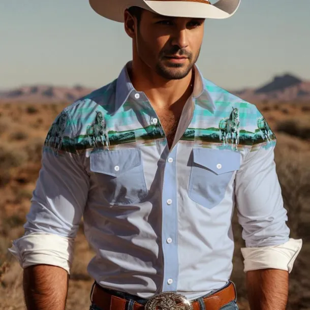 Men's Cowboy Western Shirt Button Up Shirt Cowboy Shirt Long Sleeve Vintage Western Daily Wear Going out Weekend Spring Fall Winter Turndown Collared Shirts 3D Print Front Pocket Blue Green Khaki Gray