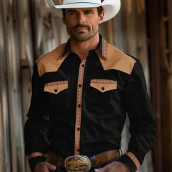 Men's Cowboy Western Shirt Button Up Shirt Cowboy Shirt Long Sleeve Vintage Western Daily Holiday Fall Winter Spring & Summer Turndown Collared Shirts 3D Print Black