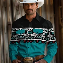 Men's Cowboy Western Shirt Button Up Shirt Cowboy Shirt Long Sleeve Vintage Western Daily Holiday Fall Winter Spring & Summer Turndown Collared Shirts 3D Print Dark Navy