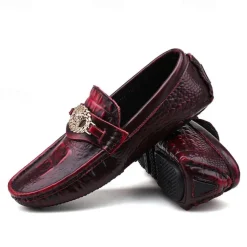 Men's Crocodile Pattern Faux Leather Loafers – Luxury Slip-On Dress Shoes with Metal Lion Decor for Formal and Casual Occasions