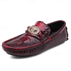 Men's Crocodile Pattern Faux Leather Loafers – Luxury Slip-On Dress Shoes with Metal Lion Decor for Formal and Casual Occasions