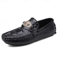 Men's Crocodile Pattern Faux Leather Loafers – Luxury Slip-On Dress Shoes with Metal Lion Decor for Formal and Casual Occasions