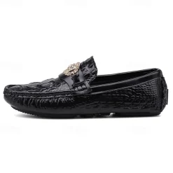 Men's Crocodile Pattern Faux Leather Loafers – Luxury Slip-On Dress Shoes with Metal Lion Decor for Formal and Casual Occasions
