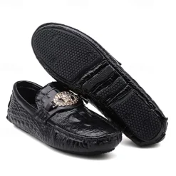 Men's Crocodile Pattern Faux Leather Loafers – Luxury Slip-On Dress Shoes with Metal Lion Decor for Formal and Casual Occasions