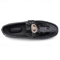 Men's Crocodile Pattern Faux Leather Loafers – Luxury Slip-On Dress Shoes with Metal Lion Decor for Formal and Casual Occasions
