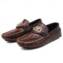 Men's Crocodile Pattern Faux Leather Loafers – Luxury Slip-On Dress Shoes with Metal Lion Decor for Formal and Casual Occasions