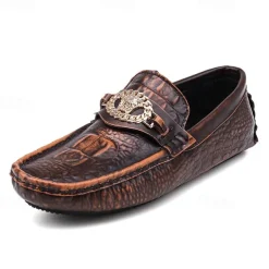 Men's Crocodile Pattern Faux Leather Loafers – Luxury Slip-On Dress Shoes with Metal Lion Decor for Formal and Casual Occasions