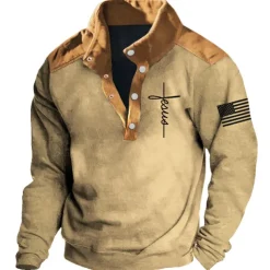 Men's Cross Jesus National Flag Sweatshirts Sweatshirt Long Sleeve Sweatshirt Stand Collar Daily Casual Vintage Retro 3D Print Vacation Sports Outdoor Holiday Print Spring & Fall