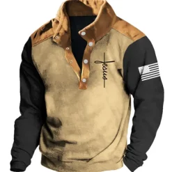 Men's Cross Jesus National Flag Sweatshirts Sweatshirt Long Sleeve Sweatshirt Stand Collar Daily Casual Vintage Retro 3D Print Vacation Sports Outdoor Holiday Print Spring & Fall