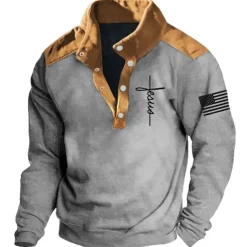 Men's Cross Jesus National Flag Sweatshirts Sweatshirt Long Sleeve Sweatshirt Stand Collar Daily Casual Vintage Retro 3D Print Vacation Sports Outdoor Holiday Print Spring & Fall