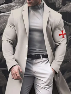 Men's Cross Winter Coat Overcoat Coat Warm Breathable Comfortable Fashion Streetwear Business Work Wear to work Going out Pocket Print Fall & Winter Turndown Long Sleeve Black White khaki