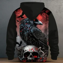 Men's Crow Fleece Hoodie Hoodies Fashion Cool Long Sleeve Hooded Vacation Halloween Sports Outdoor Black Drawstring Fall Winter Designer