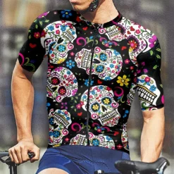 Men's Cycling Jersey Skull Short Sleeve Bike Tee Tshirt Jersey with 3 Rear Pockets Mountain Bike MTB Quick Dry Anatomic Design Wicking Breathable Sports Black Clothing Apparel