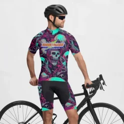 Men's Cycling Jersey Skull Short Sleeve Bike Tee Tshirt Jersey with 3 Rear Pockets Mountain Bike MTB Quick Dry Anatomic Design Wicking Breathable Sports Dark Purple Blue Purple Clothing Apparel