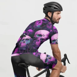 Men's Cycling Jersey Skull Short Sleeve Bike Tee Tshirt Jersey with 3 Rear Pockets Mountain Bike MTB Quick Dry Anatomic Design Wicking Breathable Sports Violet Black Dark Purple Clothing Apparel