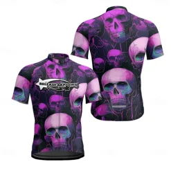 Men's Cycling Jersey Skull Short Sleeve Bike Tee Tshirt Jersey with 3 Rear Pockets Mountain Bike MTB Quick Dry Anatomic Design Wicking Breathable Sports Violet Black Dark Purple Clothing Apparel