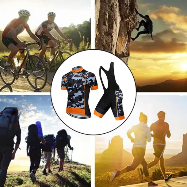 Men's Cycling Jersey with Bib Shorts Short Sleeve Mountain Bike MTB Road Bike Cycling Black White Red Patchwork Camo / Camouflage Bike Clothing Suit UV Resistant 3D Pad Breathable Quick Dry Back