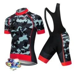 Men's Cycling Jersey with Bib Shorts Short Sleeve Mountain Bike MTB Road Bike Cycling Black White Red Patchwork Camo / Camouflage Bike Clothing Suit UV Resistant 3D Pad Breathable Quick Dry Back
