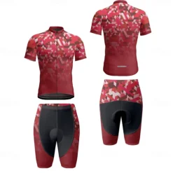 Men's Cycling Jersey with Shorts Geometric Short Sleeve Bike Clothing Suit with 3 Rear Pockets Mountain Bike MTB Road Bike Cycling Front Zipper Sweat wicking Comfortable Breathable Sports Black Red