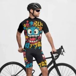 Men's Cycling Jersey with Shorts Cartoon Short Sleeve Bike Clothing Suit with 3 Rear Pockets Mountain Bike MTB Road Bike Cycling Front Zipper Sweat wicking Comfortable Breathable Sports Black Yellow
