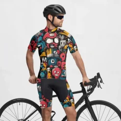 Men's Cycling Jersey with Shorts Cartoon Short Sleeve Bike Clothing Suit with 3 Rear Pockets Mountain Bike MTB Road Bike Cycling Front Zipper Sweat wicking Comfortable Breathable Sports Black Yellow