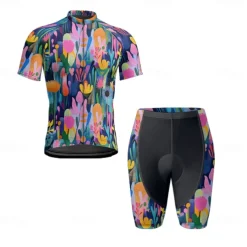 Men's Cycling Jersey with Shorts Floral Botanical Short Sleeve Bike Clothing Suit with 3 Rear Pockets Mountain Bike MTB Road Bike Cycling Front Zipper Sweat wicking Comfortable Breathable Sports