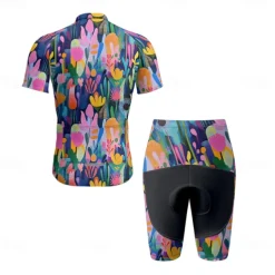 Men's Cycling Jersey with Shorts Floral Botanical Short Sleeve Bike Clothing Suit with 3 Rear Pockets Mountain Bike MTB Road Bike Cycling Front Zipper Sweat wicking Comfortable Breathable Sports