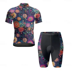 Men's Cycling Jersey with Shorts Floral Botanical Short Sleeve Bike Clothing Suit with 3 Rear Pockets Mountain Bike MTB Road Bike Cycling Front Zipper Sweat wicking Comfortable Breathable Sports