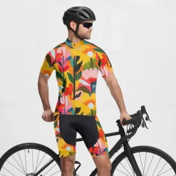 Men's Cycling Jersey with Shorts Floral Botanical Short Sleeve Bike Clothing Suit with 3 Rear Pockets Mountain Bike MTB Road Bike Cycling Front Zipper Sweat wicking Comfortable Breathable Sports