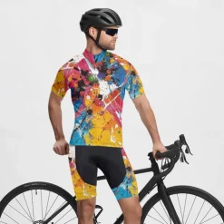 Men's Cycling Jersey with Shorts Graffiti Short Sleeve Bike Clothing Suit with 3 Rear Pockets Mountain Bike MTB Road Bike Cycling Front Zipper Sweat wicking Comfortable Breathable Sports Yellow Cream