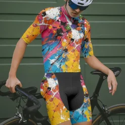 Men's Cycling Jersey with Shorts Graffiti Short Sleeve Bike Clothing Suit with 3 Rear Pockets Mountain Bike MTB Road Bike Cycling Front Zipper Sweat wicking Comfortable Breathable Sports Yellow Cream