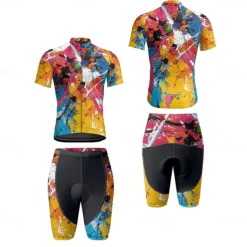 Men's Cycling Jersey with Shorts Graffiti Short Sleeve Bike Clothing Suit with 3 Rear Pockets Mountain Bike MTB Road Bike Cycling Front Zipper Sweat wicking Comfortable Breathable Sports Yellow Cream