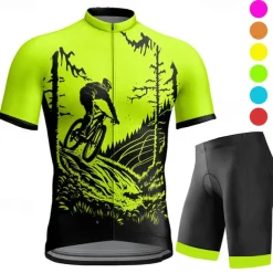 Men's Cycling Jersey with Bib Shorts Short Sleeve Mountain Bike MTB Road Bike Cycling Orange Green Bike Clothing Suit 3D Pad Quick Dry Reflective Strips Back Pocket Polyester Spandex Sports Funny