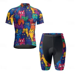 Men's Cycling Jersey with Shorts Cat Short Sleeve Bike Clothing Suit with 3 Rear Pockets Mountain Bike MTB Road Bike Cycling Front Zipper Sweat wicking Comfortable Breathable Sports Black Navy Blue