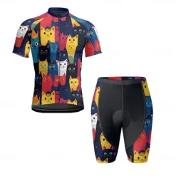 Men's Cycling Jersey with Shorts Cat Short Sleeve Bike Clothing Suit with 3 Rear Pockets Mountain Bike MTB Road Bike Cycling Front Zipper Sweat wicking Comfortable Breathable Sports Black Navy Blue