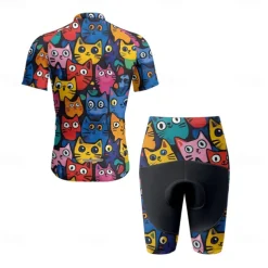 Men's Cycling Jersey with Shorts Cat Short Sleeve Bike Clothing Suit with 3 Rear Pockets Mountain Bike MTB Road Bike Cycling Front Zipper Sweat wicking Comfortable Breathable Sports Black Navy Blue