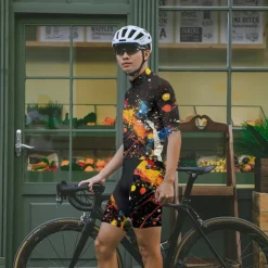 Men's Cycling Jersey with Shorts Graffiti Short Sleeve Bike Clothing Suit with 3 Rear Pockets Mountain Bike MTB Road Bike Cycling Front Zipper Sweat wicking Comfortable Breathable Sports Black Yellow