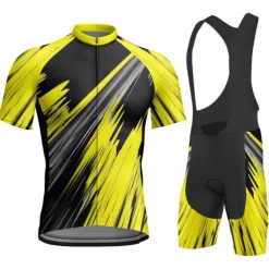 Men's Cycling Jersey with Bib Shorts Short Sleeve Mountain Bike MTB Road Bike Cycling Yellow Red Blue Geometic Bike Clothing Suit 3D Pad Breathable Quick Dry Back Pocket Polyester Spandex Sports
