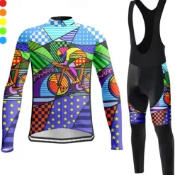 Men's Cycling Jersey with Bib Tights Long Sleeve Mountain Bike MTB Road Bike Cycling Winter Violet Pink Blue Graphic Bike Clothing Suit 3D Pad Breathable Quick Dry Back Pocket Polyester Spandex Sports