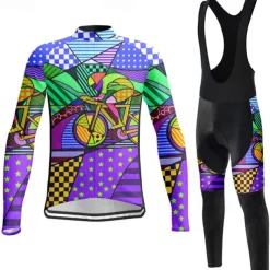 Men's Cycling Jersey with Bib Tights Long Sleeve Mountain Bike MTB Road Bike Cycling Winter Violet Pink Blue Graphic Bike Clothing Suit 3D Pad Breathable Quick Dry Back Pocket Polyester Spandex Sports