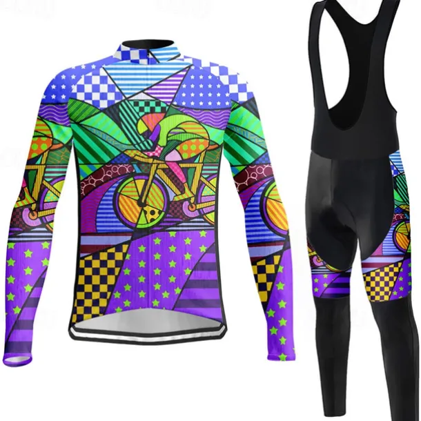 Men's Cycling Jersey with Bib Tights Long Sleeve Mountain Bike MTB Road Bike Cycling Winter Violet Pink Blue Graphic Bike Clothing Suit 3D Pad Breathable Quick Dry Back Pocket Polyester Spandex Sports