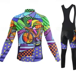 Men's Cycling Jersey with Bib Tights Long Sleeve Mountain Bike MTB Road Bike Cycling Winter Violet Pink Blue Graphic Bike Clothing Suit 3D Pad Breathable Quick Dry Back Pocket Polyester Spandex Sports