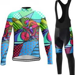 Men's Cycling Jersey with Bib Tights Long Sleeve Mountain Bike MTB Road Bike Cycling Winter Violet Pink Blue Graphic Bike Clothing Suit 3D Pad Breathable Quick Dry Back Pocket Polyester Spandex Sports