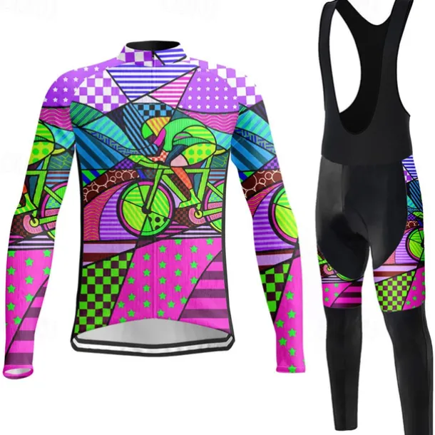 Men's Cycling Jersey with Bib Tights Long Sleeve Mountain Bike MTB Road Bike Cycling Winter Violet Pink Blue Graphic Bike Clothing Suit 3D Pad Breathable Quick Dry Back Pocket Polyester Spandex Sports