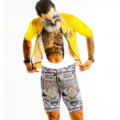 Men's Cycling Jersey with Bib Shorts Short Sleeve Mountain Bike MTB Road Bike Cycling Yellow Bike Clothing Suit 3D Pad Breathable Quick Dry Back Pocket Polyester Spandex Sports Geometric Clothing