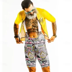 Men's Cycling Jersey with Bib Shorts Short Sleeve Mountain Bike MTB Road Bike Cycling Yellow Bike Clothing Suit 3D Pad Breathable Quick Dry Back Pocket Polyester Spandex Sports Geometric Clothing