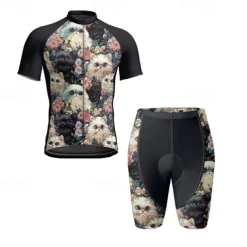 Men's Cycling Jersey with Shorts Cat Floral Botanical Short Sleeve Bike Clothing Suit with 3 Rear Pockets Mountain Bike MTB Road Bike Cycling Front Zipper Sweat wicking Comfortable Breathable Sports
