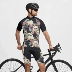 Men's Cycling Jersey with Shorts Cat Floral Botanical Short Sleeve Bike Clothing Suit with 3 Rear Pockets Mountain Bike MTB Road Bike Cycling Front Zipper Sweat wicking Comfortable Breathable Sports