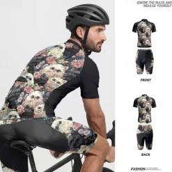 Men's Cycling Jersey with Shorts Cat Floral Botanical Short Sleeve Bike Clothing Suit with 3 Rear Pockets Mountain Bike MTB Road Bike Cycling Front Zipper Sweat wicking Comfortable Breathable Sports