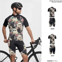 Men's Cycling Jersey with Shorts Cat Floral Botanical Short Sleeve Bike Clothing Suit with 3 Rear Pockets Mountain Bike MTB Road Bike Cycling Front Zipper Sweat wicking Comfortable Breathable Sports